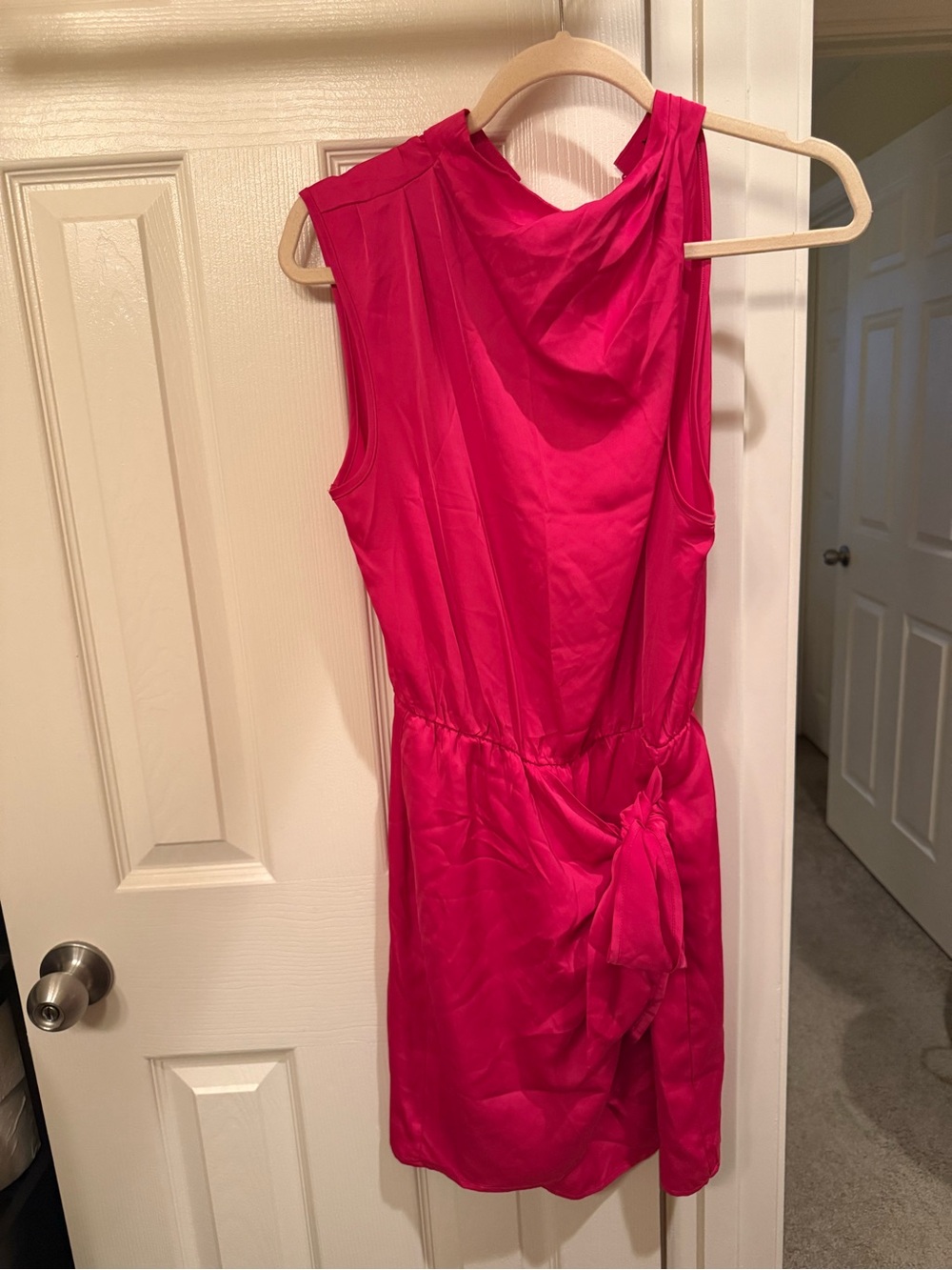 Satin Sleeveless Mini Dress in Fuchsia with Side Knot